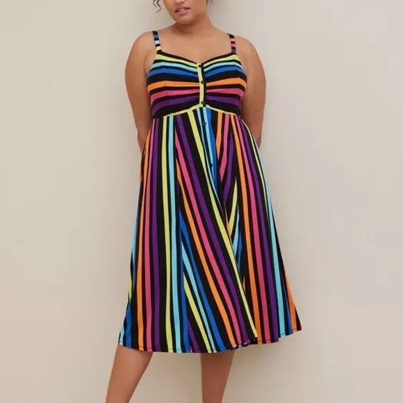 Torrid Super Soft Rainbow Stripe Midi Button-Front Dress | Sleeveless V-Neck Poc - Picture 1 of 5
